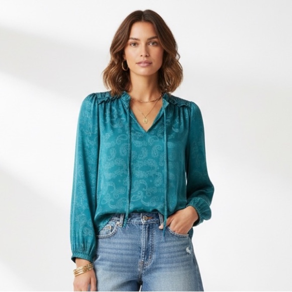 Anthropologie Current Air Teal Long Sleeve Boho Blouse Top Chiffon Paisley Sz S